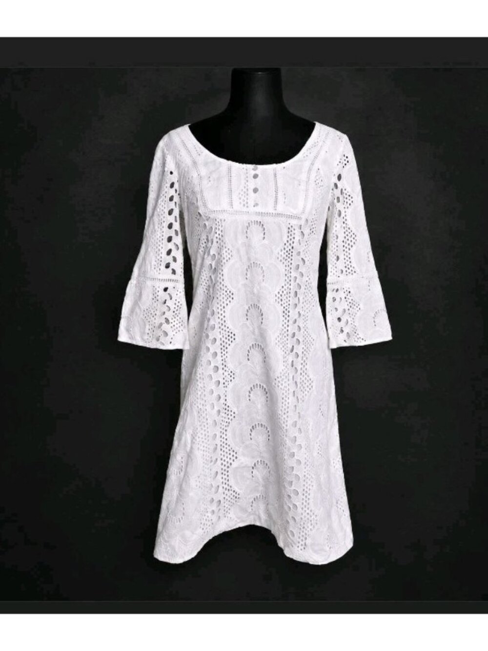 Vtg 60s 70s Leslie Faye Eyelet Dress Flared Cuffs Boho Hippie Lined Size 4 White